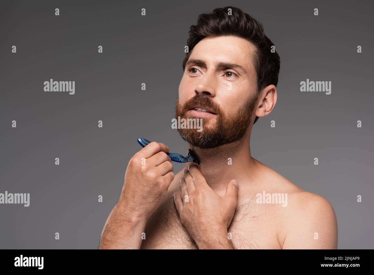barba hombre sin camisa con cuchilla de seguridad aislada sobre imagen de archivo gris Foto de stock