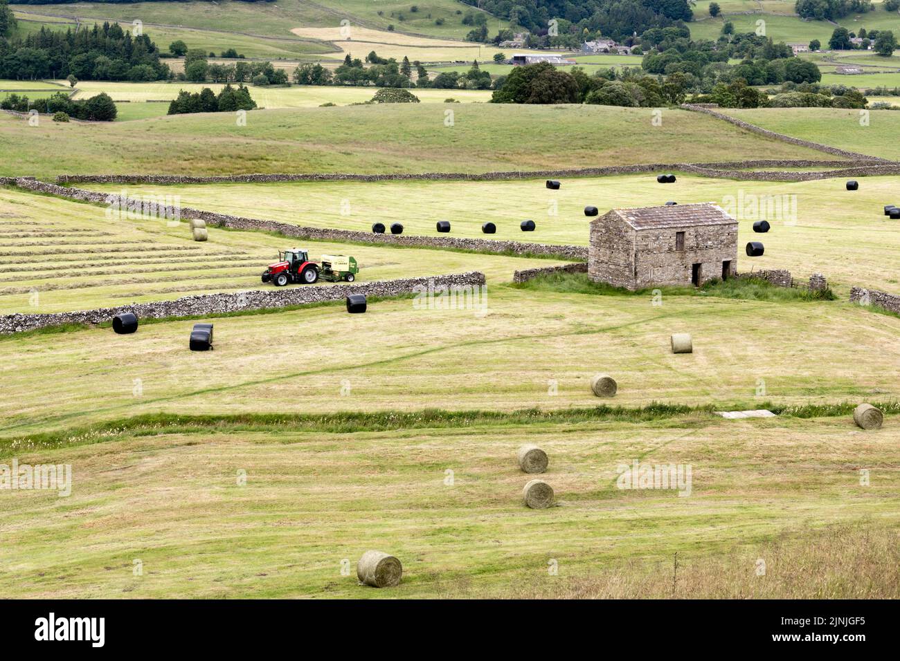 Fabricación de heno de verano, Hawes, Wensleydale, Yorkshire Dales National Park. Un tractor y un enfardador convierten el césped cortado en fardos redondos para su uso como alimento para el invierno. Foto de stock