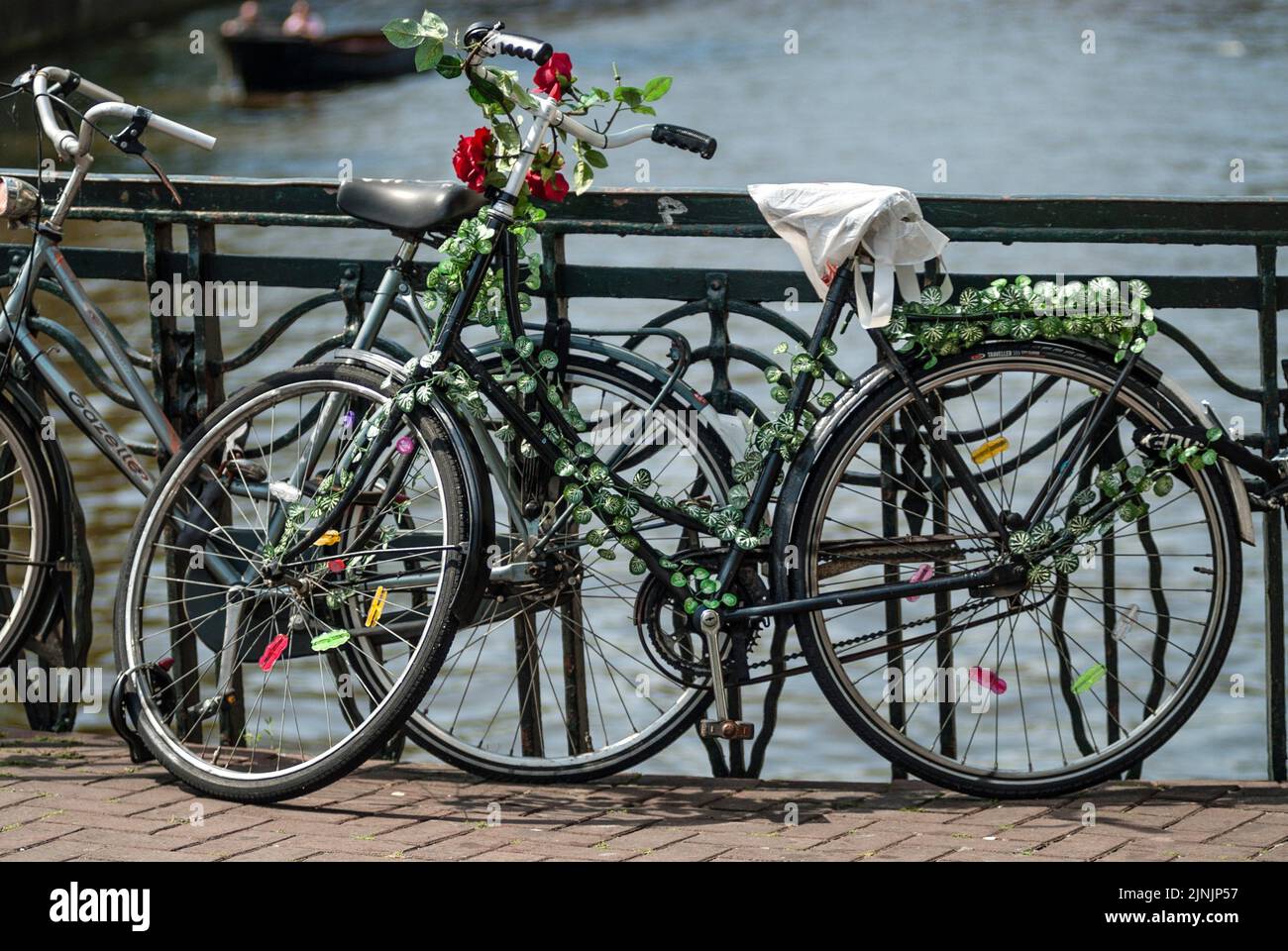 Bicicleta vieja con rosas estacionada en un puente en el centro de la ciudad, Holanda, Amsterdam Foto de stock