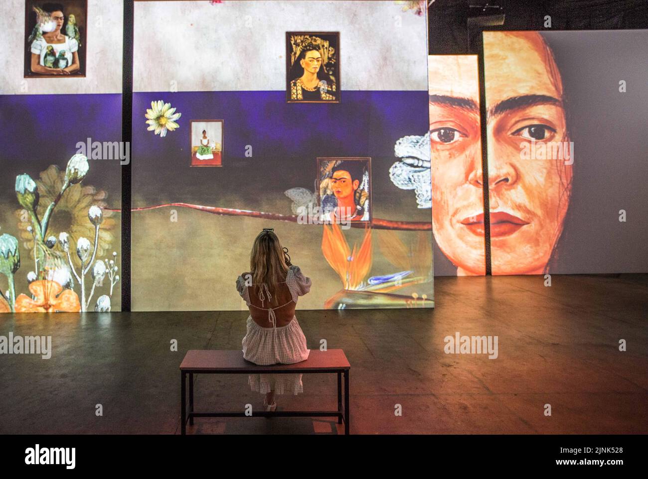 Londres Reino Unido 12 de agosto de 2021 Frida Kahlo y Diego Rivera, dos de los pintores más grandes de la historia de México. Su obra captura belleza, amor y emociones profundas, y se puede ver sus pinturas cobran vida en el deslumbrante arte. Dock X en Canada Water hasta finales de octubre de 2022.,Paul Quezada-Neiman/Alamy Live News Foto de stock