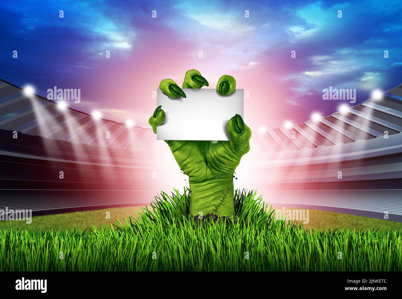 Mano zombie elevándose desde un estadio de hierba como símbolo del evento deportivo de Halloween o anuncio de temporada con 3D elementos ilustrativos. Foto de stock
