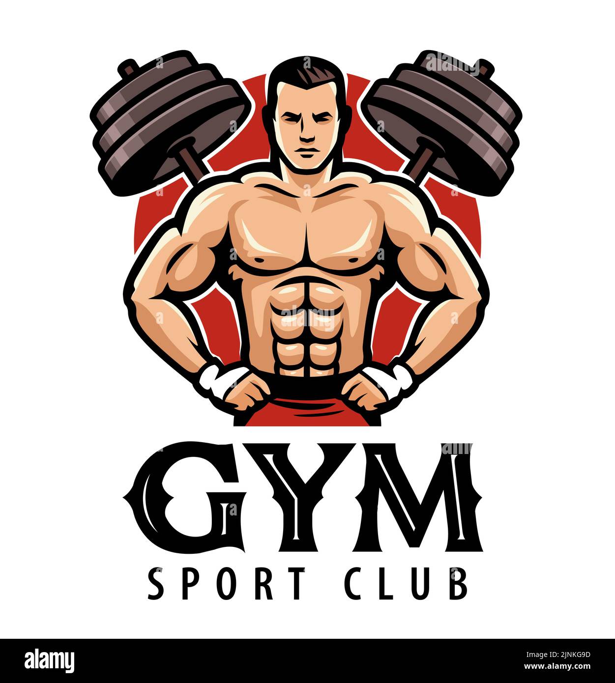 Club de fitness, gimnasio, logotipo de culturismo o emblema deportivo. Musculoso hombre atlético con barbell. Ilustración vectorial Ilustración del Vector