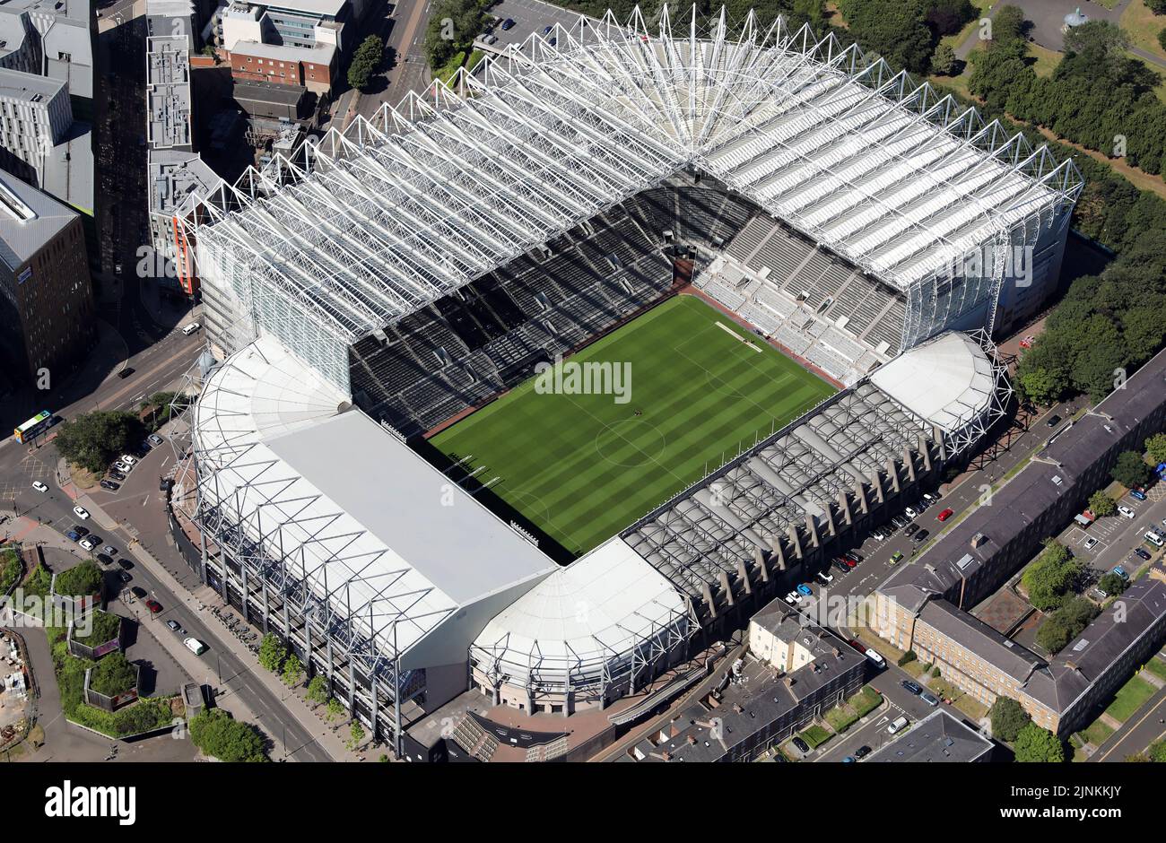 Vista aérea del estadio St James Park del Newcastle United, Newcastle-upon-Tyne, Tyne & Wear Foto de stock