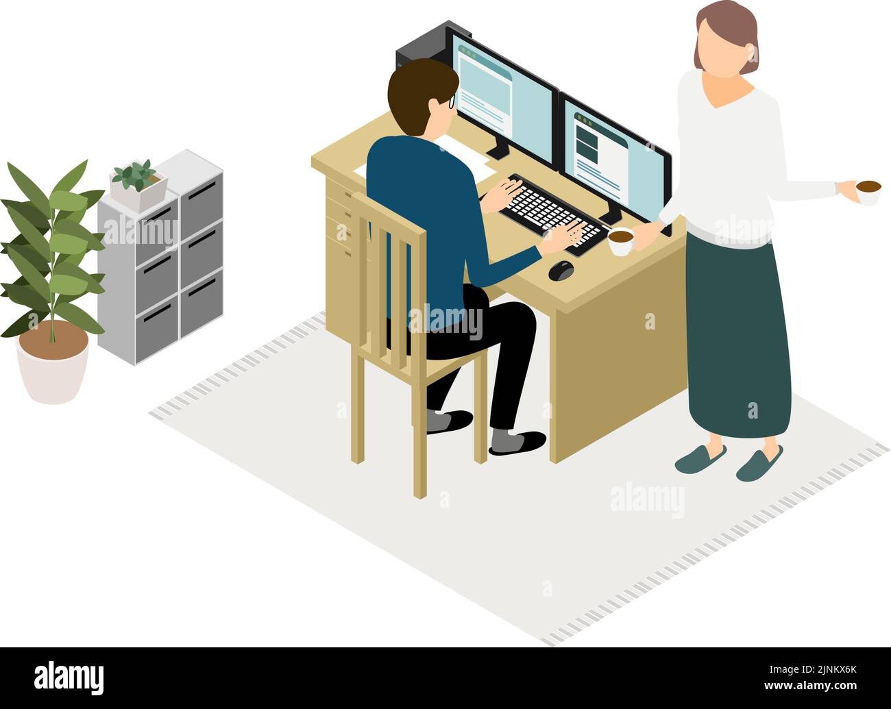 Isométrica, donde las personas que trabajan en casa para descansar a su esposa y el café en el teletrabajo Ilustración del Vector