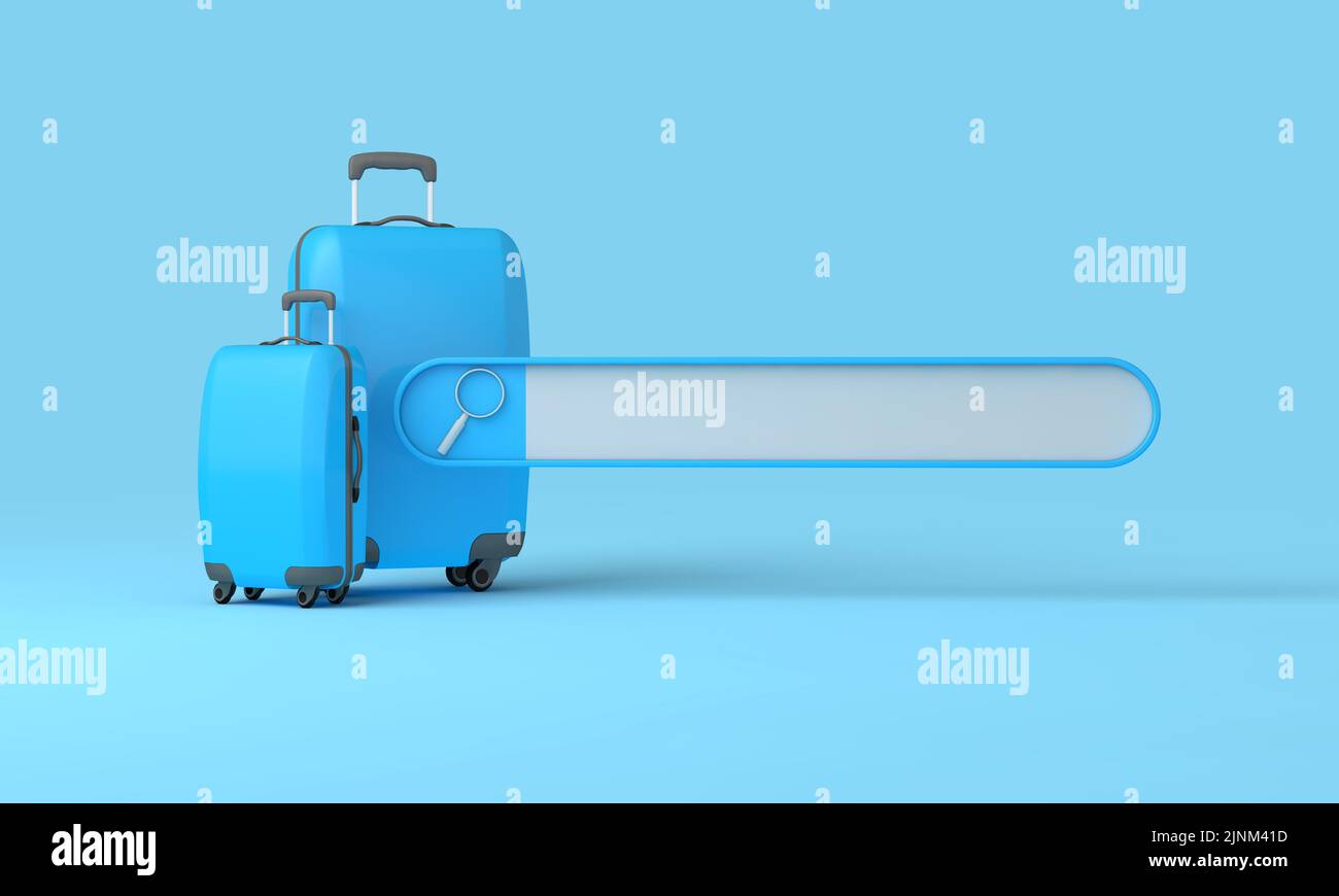 Búsqueda online de vacaciones de verano. Barra de búsqueda en blanco con una maleta de viaje. Renderizado 3D Foto de stock