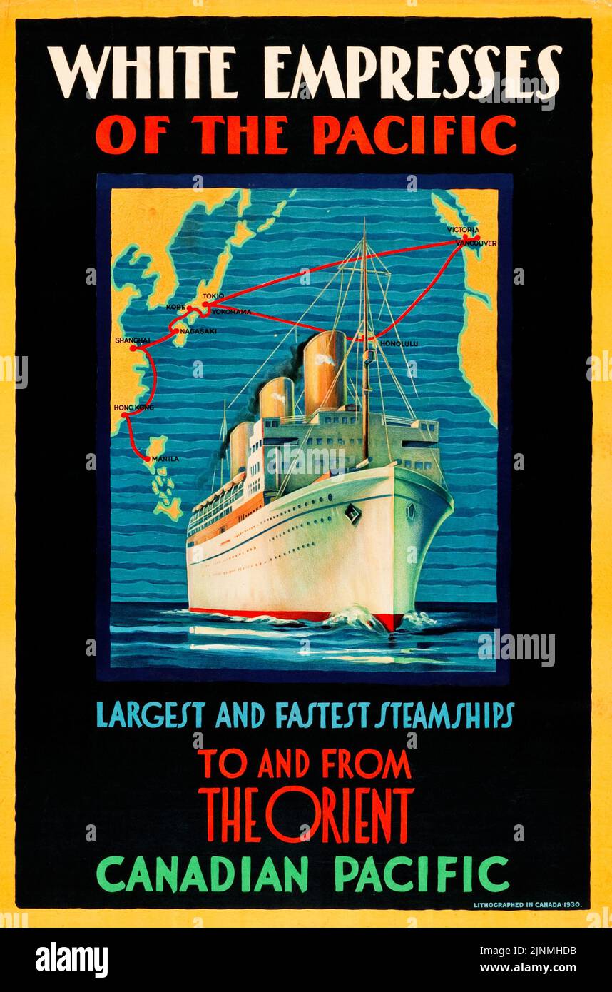 Cartel Canadiense de Viajes del Pacífico (1930). 'White Empresses of the Pacific - To and from the Orient' (Empreses blancos del Pacífico - hacia y desde Oriente) - póster vintage. Foto de stock