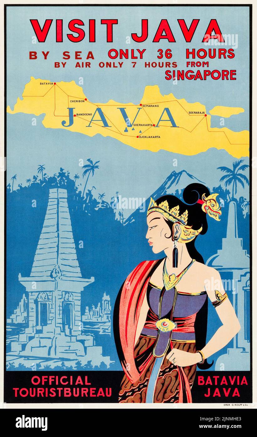 Póster de Java Travel 'Visite Java' (Oficina Oficial de Turismo, Batavia, 1930s). 'A sólo 36 horas de Singapur.' Foto de stock