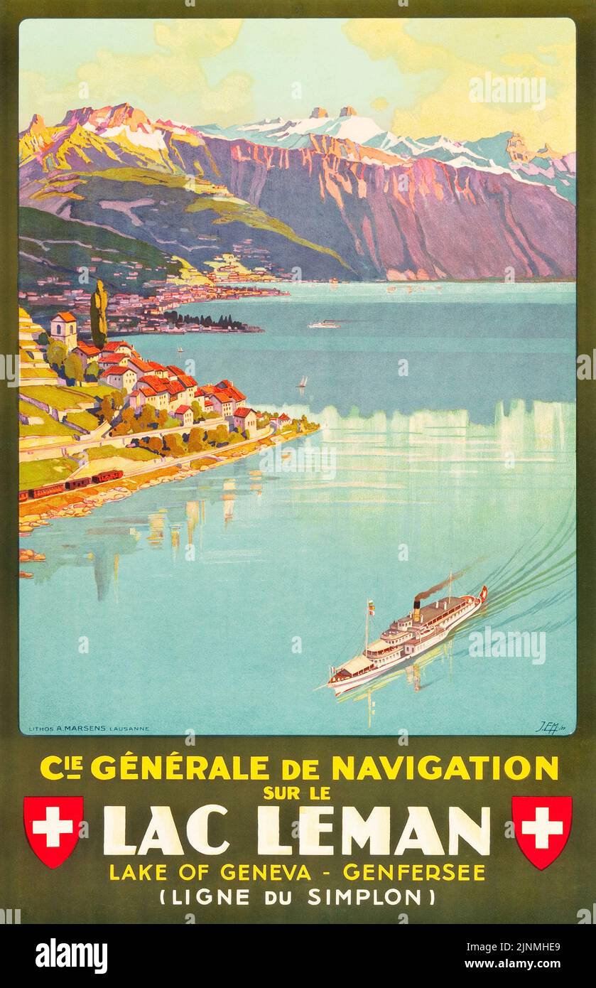 Lake Geneva, Suiza Travel Poster (C.G.N.,1927). 'CIE Générale de Navigation sur le Lac Léman.' Suiza, Suiza, Suiza, Suiza. Foto de stock