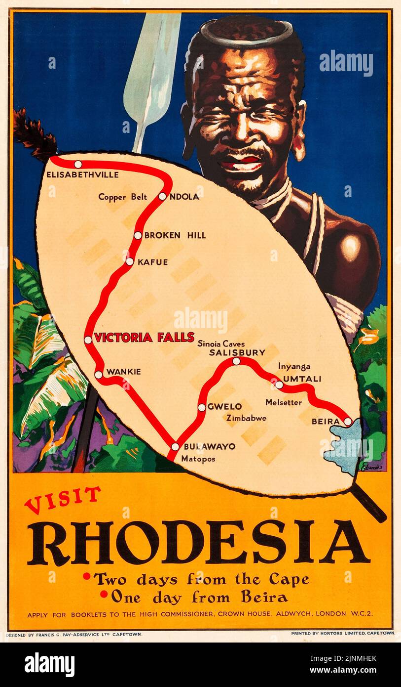 Rhodesia Travel Poster (Horters Limited, Ciudad del Cabo, 1930s). 'Visita Rhodesia - dos días desde el Cabo. Un día de Beira.' hazaña. Un hombre nativo de Rhodesia. Foto de stock