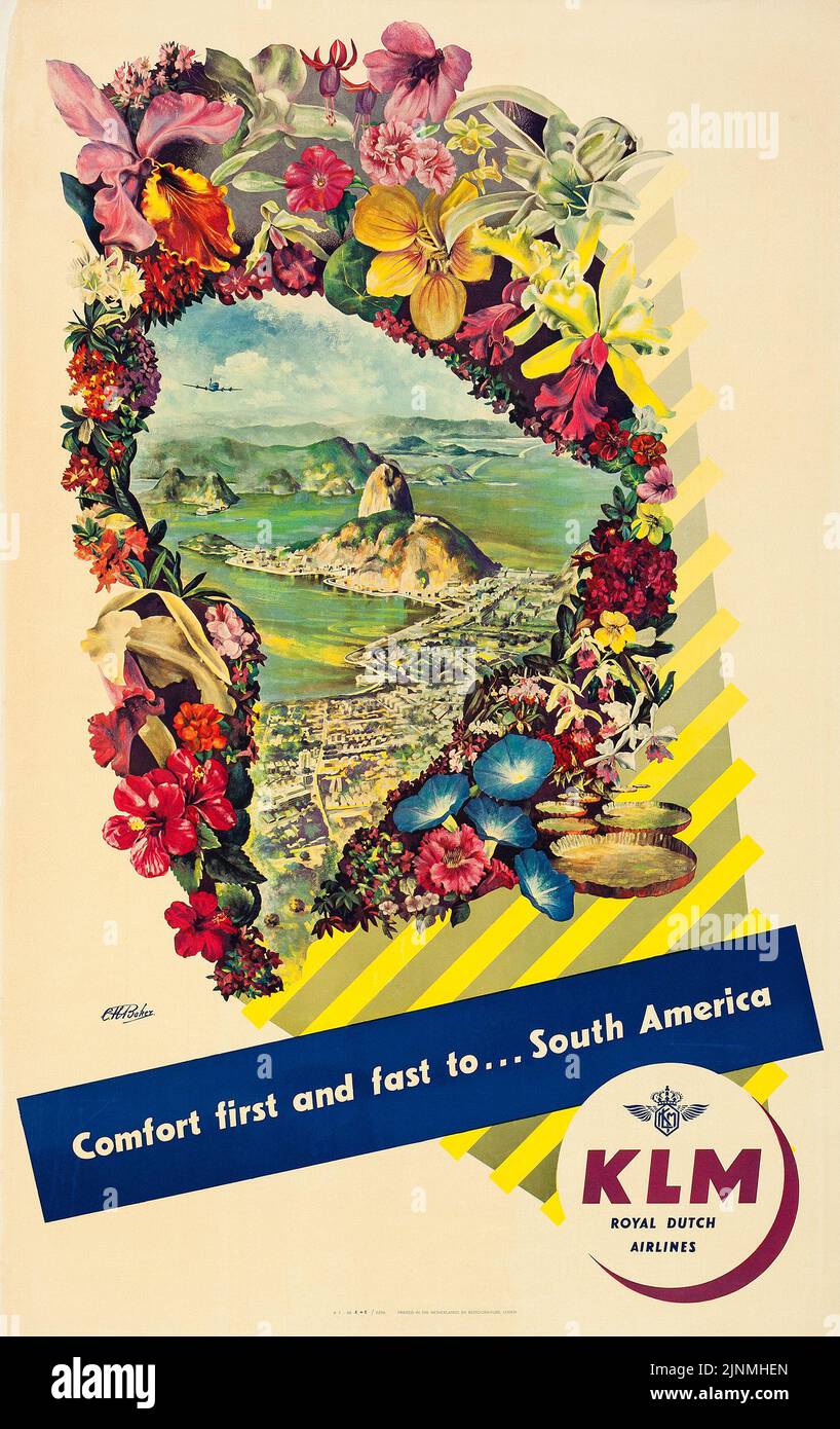 América del Sur - Río de Janeiro (KLM Royal Dutch Airlines, c. 1950). Idioma Inglés Dutch Travel Poster incl. El Pan de Azúcar y Cobobón. Foto de stock