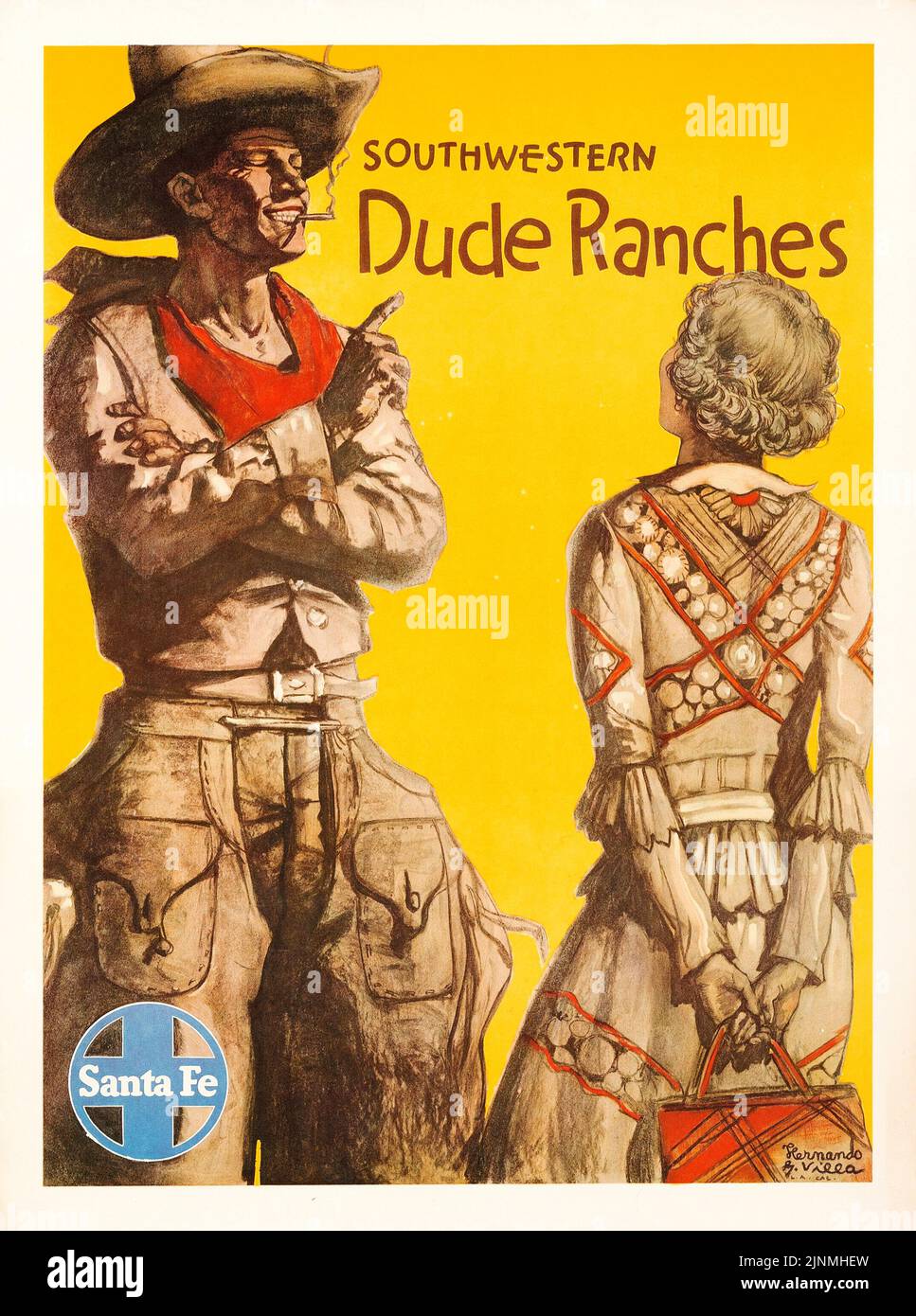 Ranchos del Suroeste Dude - Ferrocarril Santa Fe (1940s) Cartel de Viaje - Hernando Villa Artwork. Foto de stock