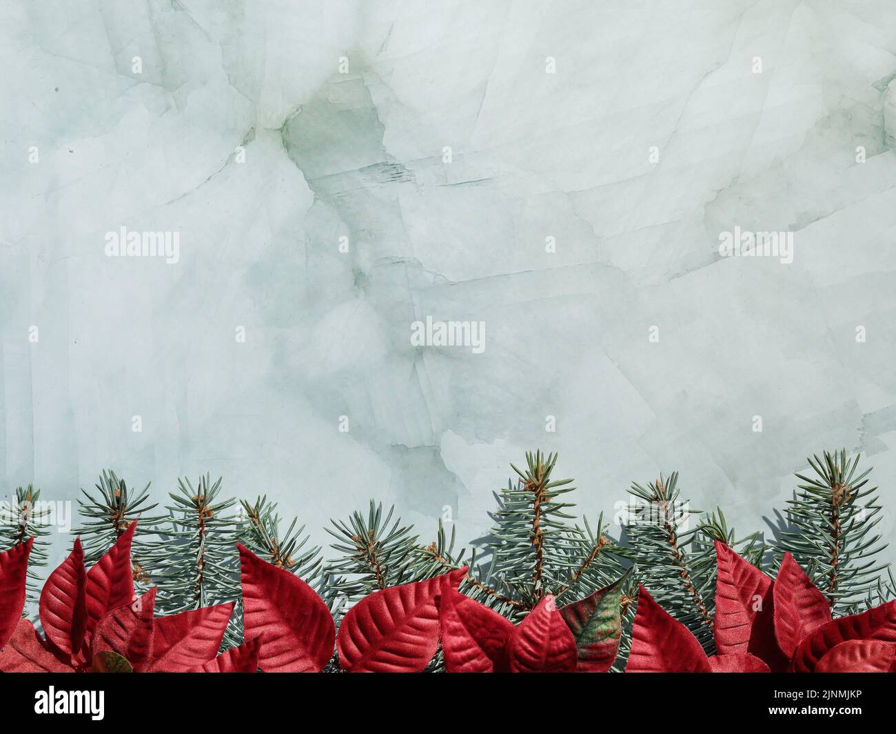 Borde de Navidad con ramitas de abeto y hojas rojas de flor de poinsettia de estrella de Navidad sobre fondo de mármol de piedra verde con espacio de copia Foto de stock
