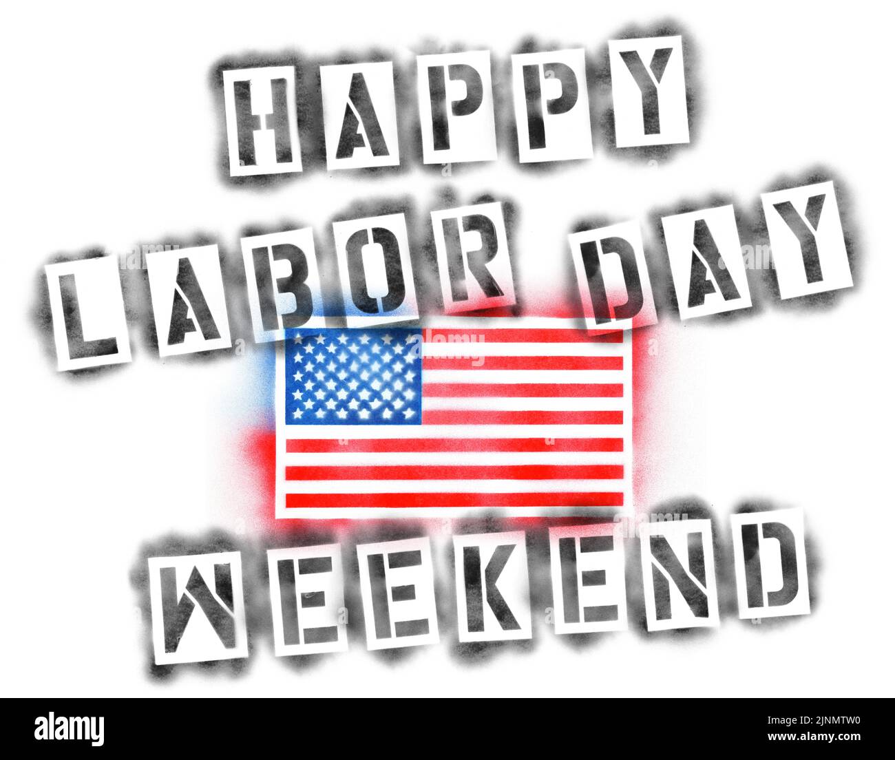 Bandera estadounidense y texto feliz del fin de semana del Día del Trabajo en plantillas de pintura en aerosol aisladas sobre blanco Foto de stock