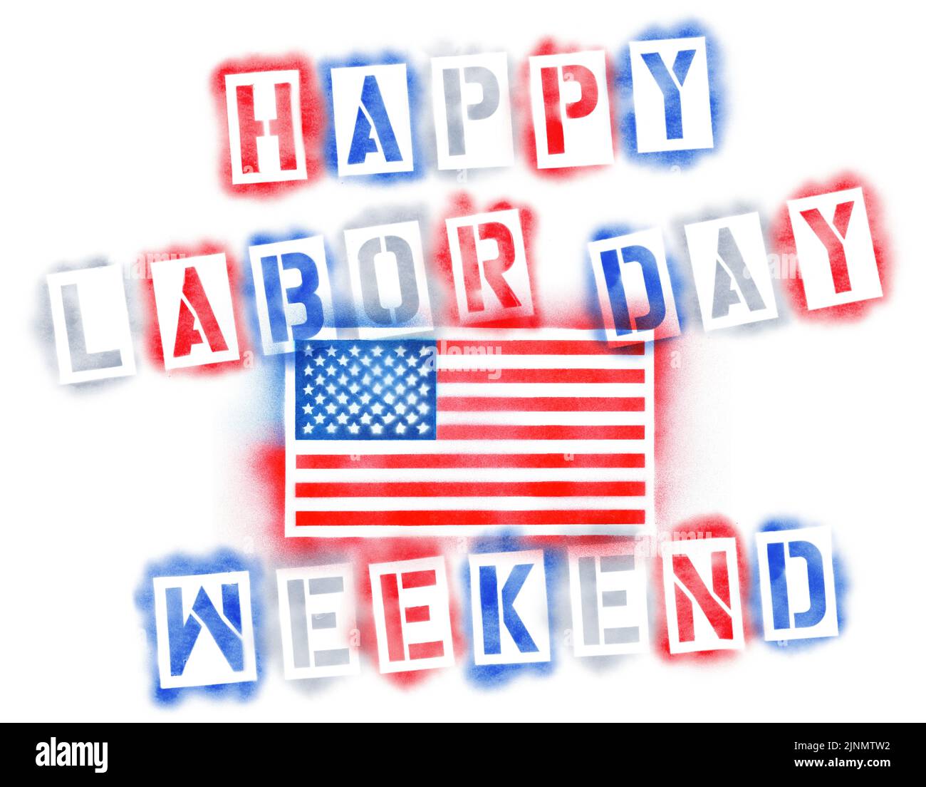 Bandera estadounidense y texto feliz del fin de semana del Día del Trabajo en rojo, blanco y azul plantillas de pintura en aerosol aisladas sobre blanco Foto de stock