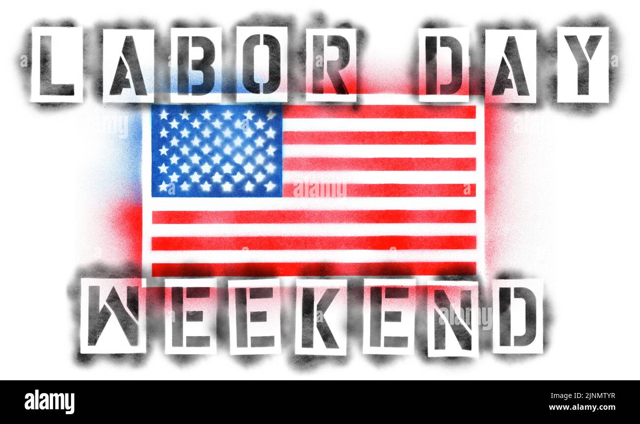 Bandera estadounidense de EE.UU. Y texto del fin de semana del Día del Trabajo en plantillas de pintura en aerosol aisladas sobre blanco Foto de stock