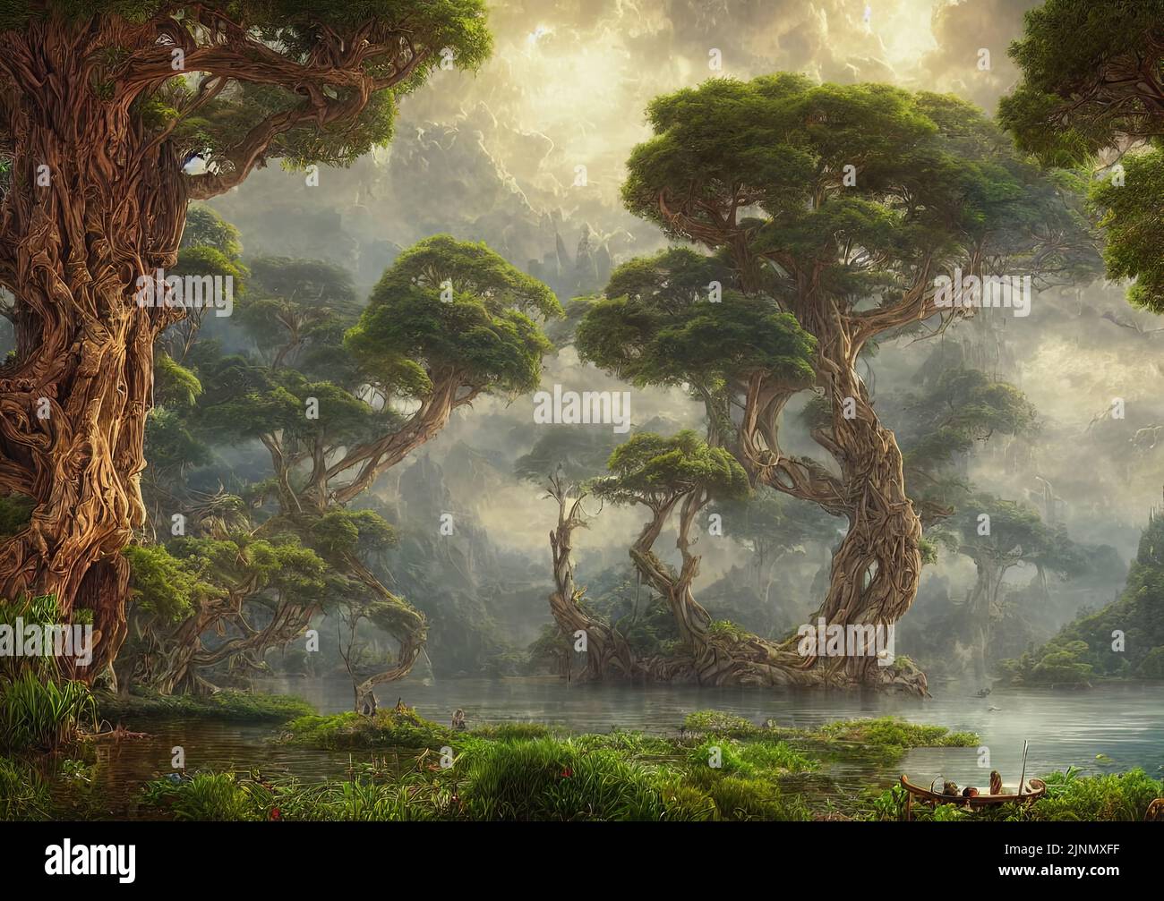 3d rendering de la tierra surrealista hermosa de la fantasía con el lago y árboles gigantes Foto de stock