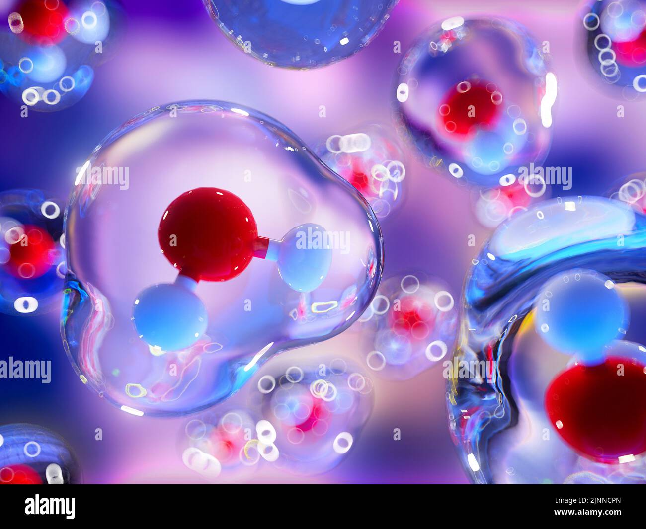 Ilustración de las moléculas de agua en el modelo de bola y palo, con las fuerzas de van der Waals mostradas como burbujas claras rodeando las moléculas. Foto de stock