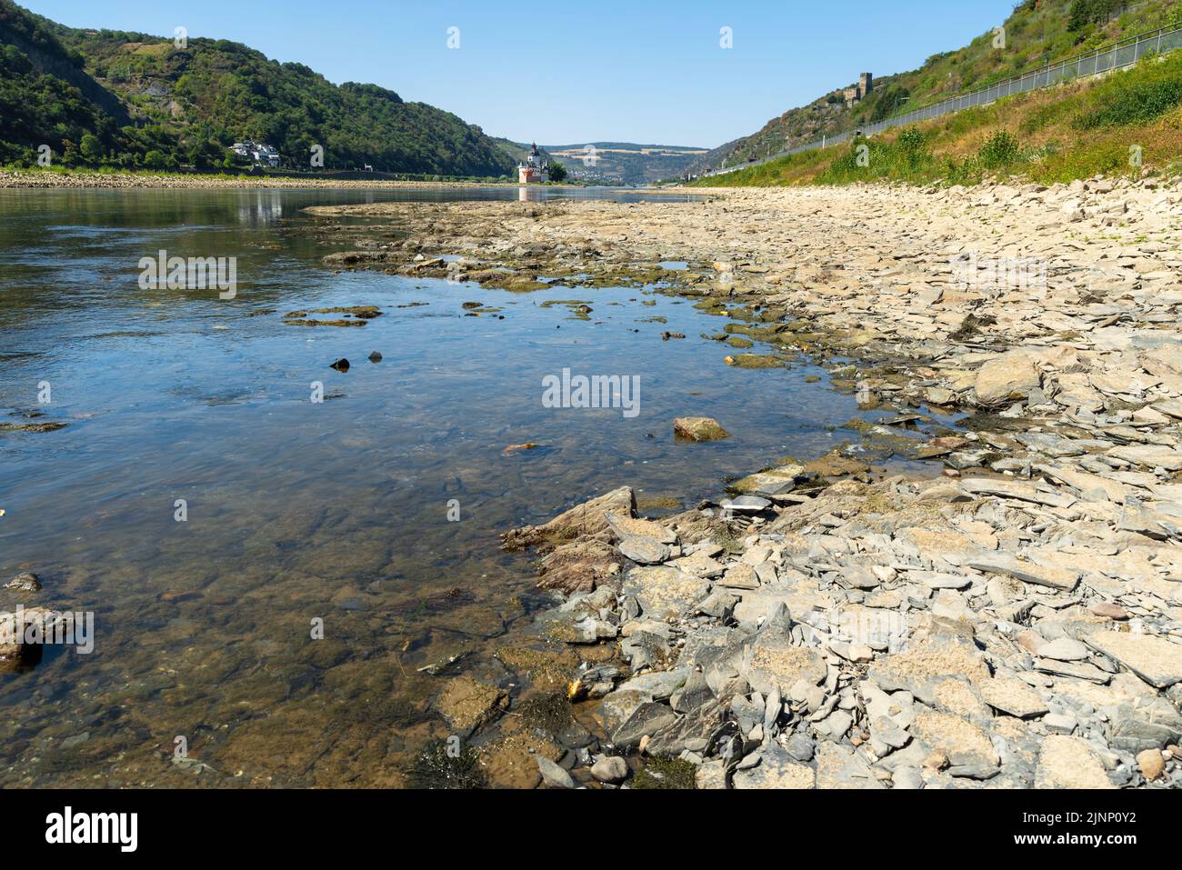Sequía en Alemania. Aguas bajas del Rin en Kaub, Renania-Palatinado Foto de stock