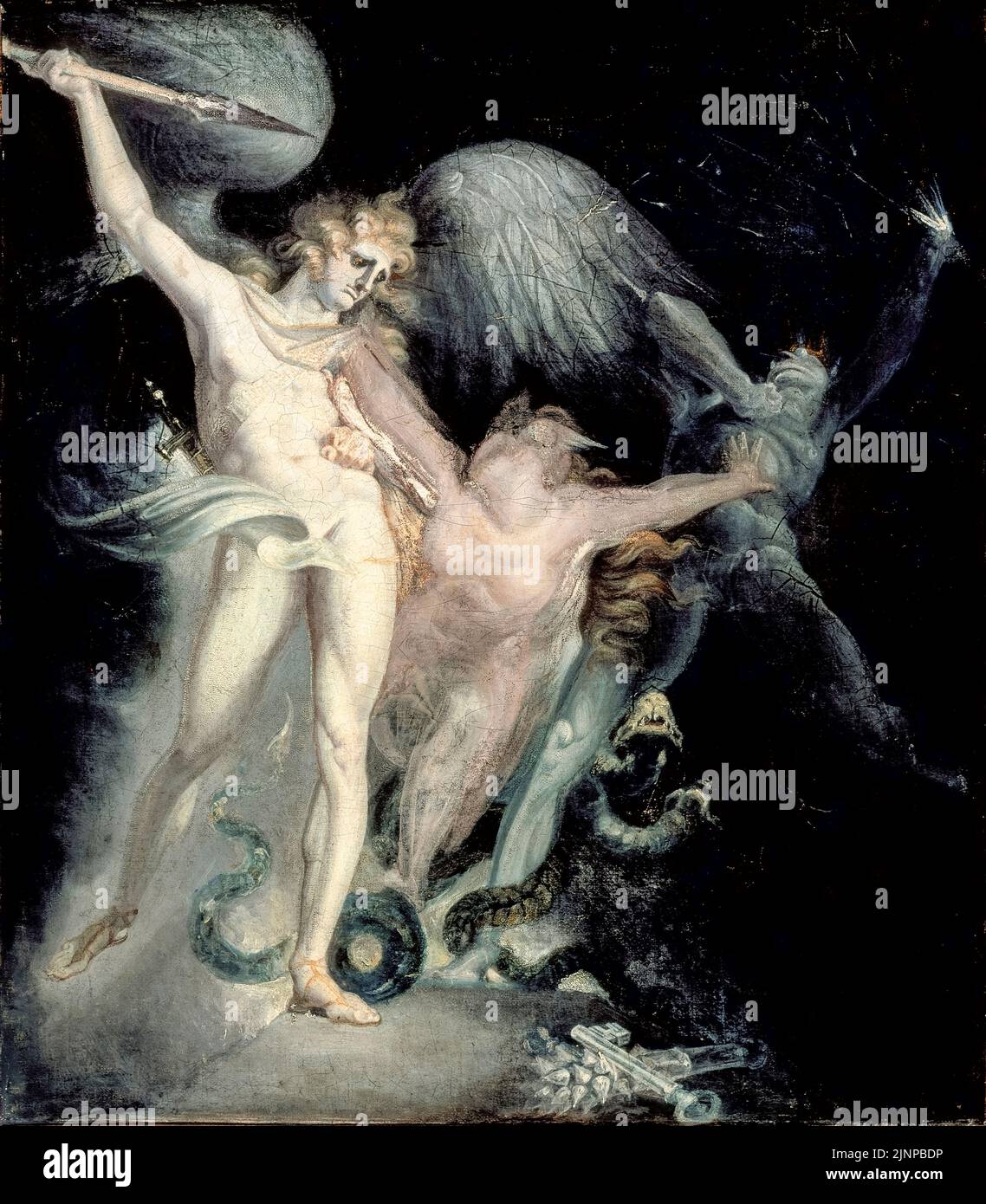 Satanás y la muerte con el pecado interviniendo, pintando al óleo sobre lienzo por Henry Fuseli, 1799-1800 Foto de stock