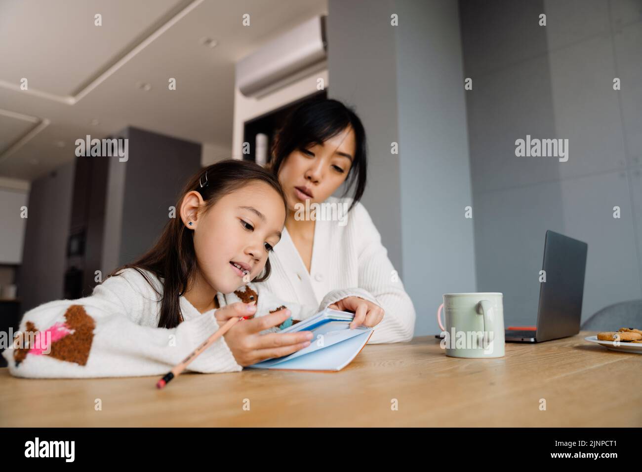 Chica asiática haciendo la tarea con su madre en la cocina en casa Foto de stock