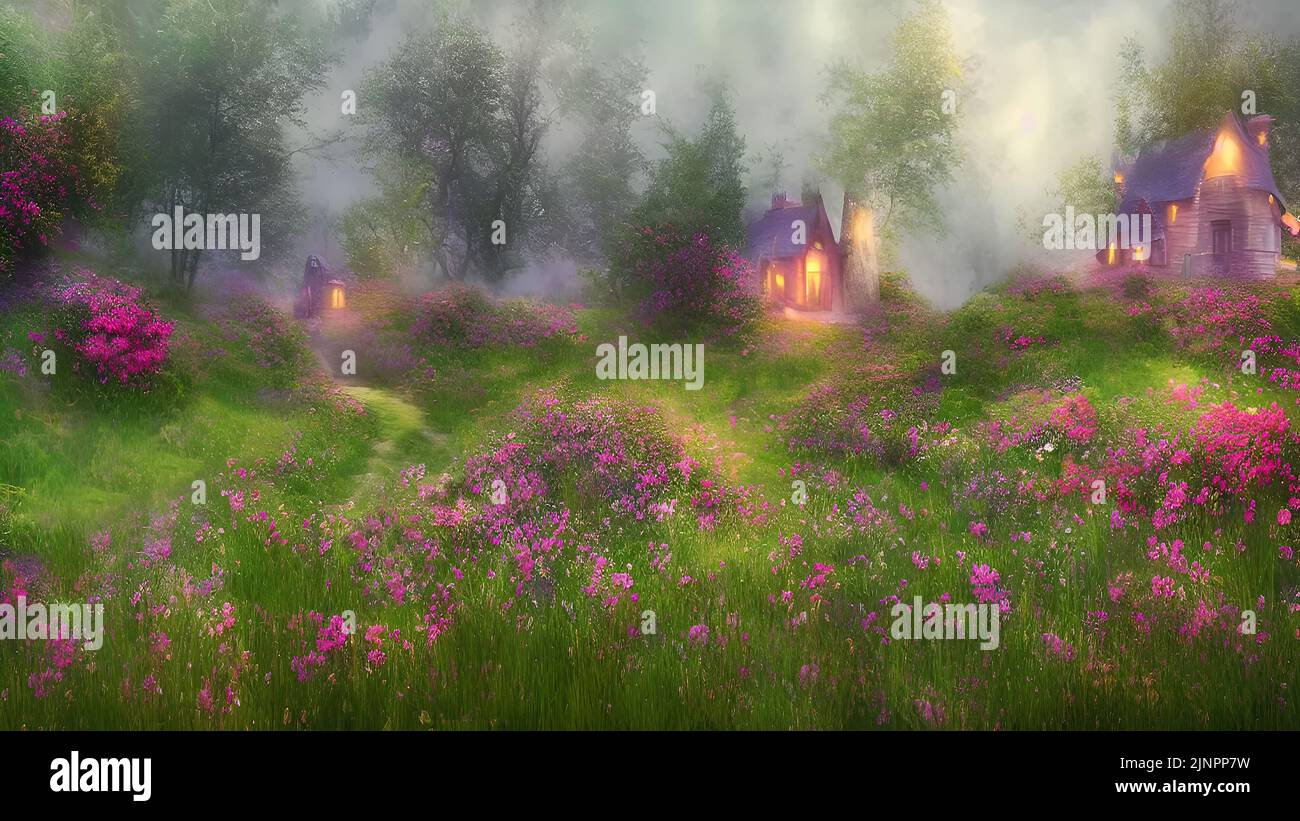 3d rendering de pequeñas casas de campo entre la fantasía flores pradera Foto de stock