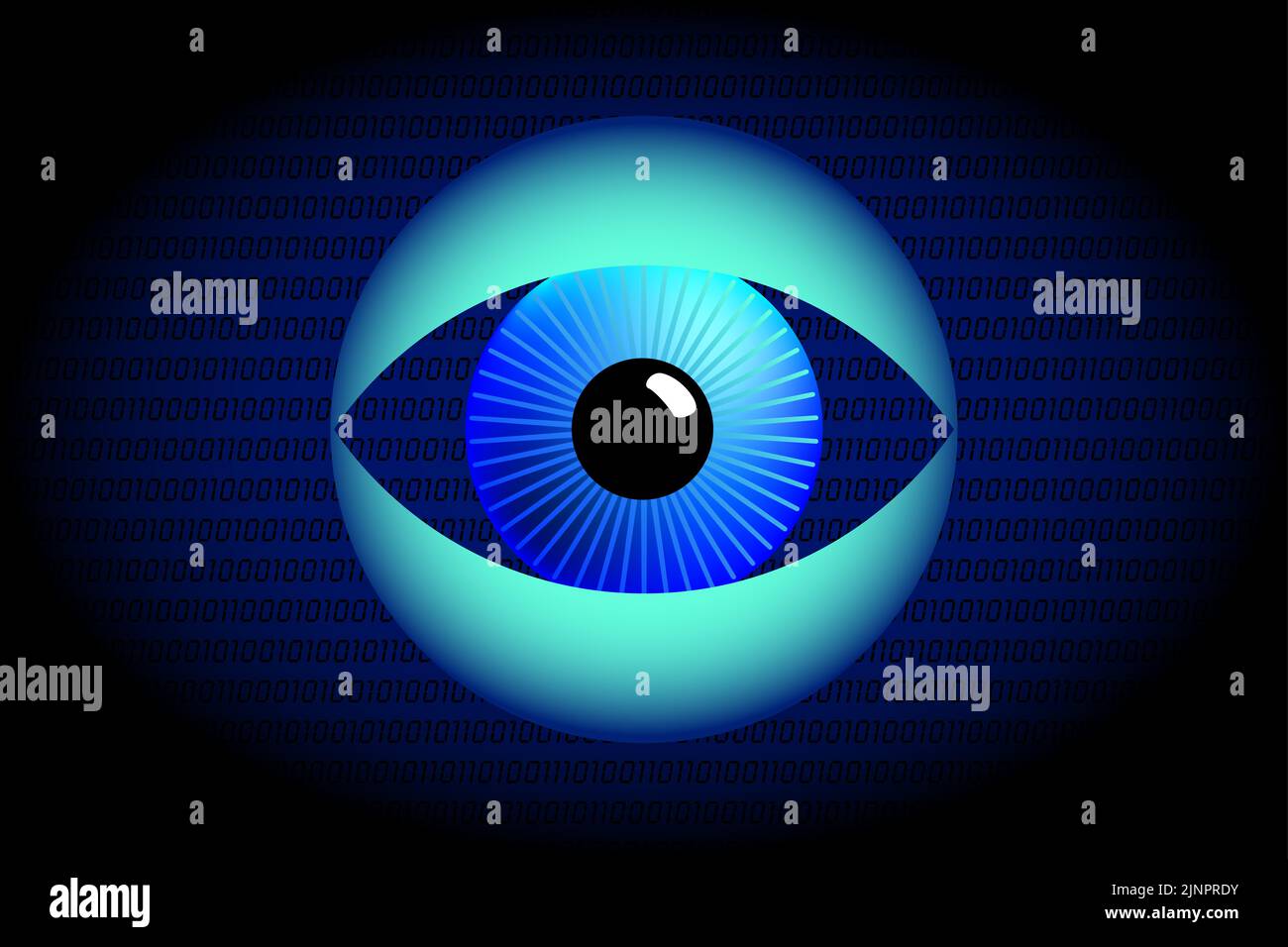 Ojo de vigilancia y símbolo de Big Data. Globo ocular azul entre los párpados turquesa abiertos, frente a un fondo azul oscuro. Foto de stock