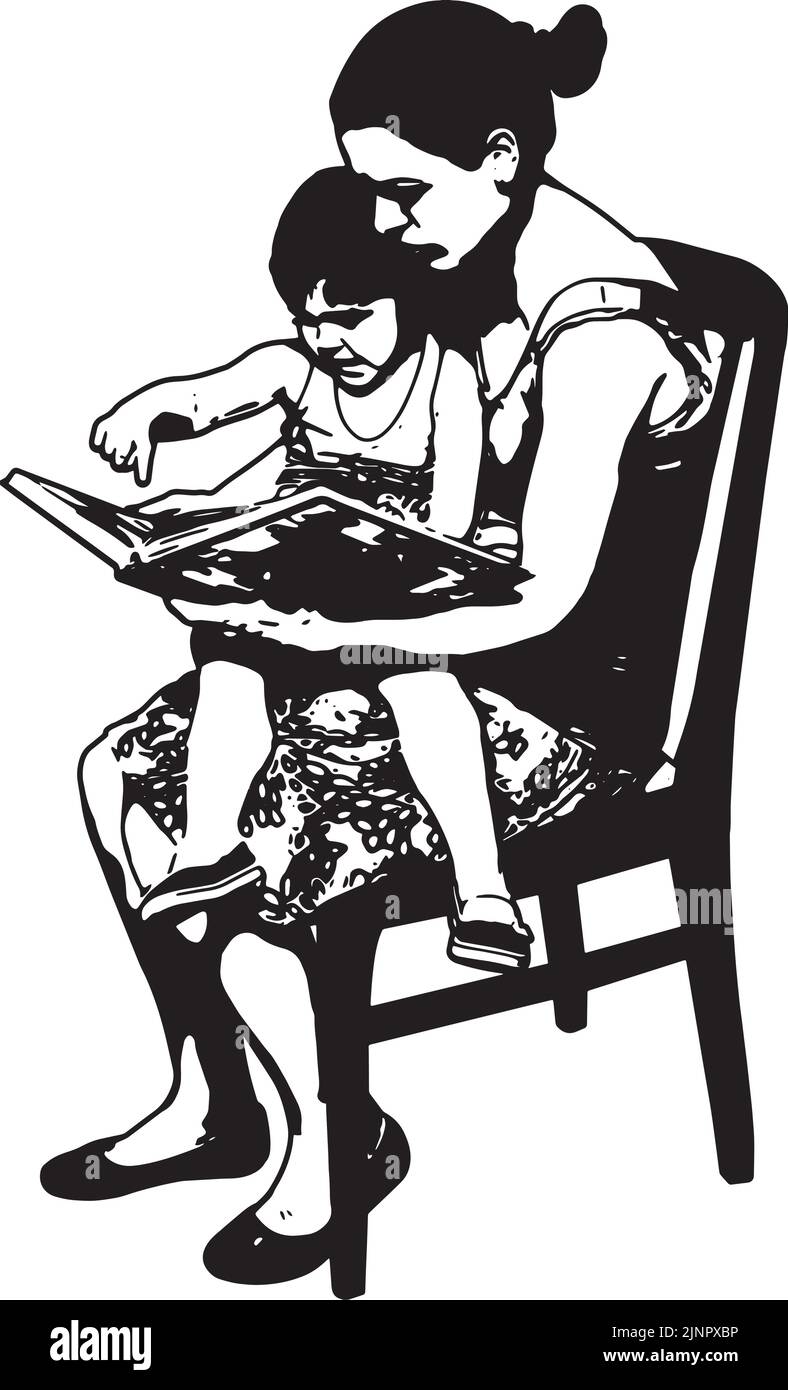 madre leyendo libro a niño - ilustración de boceto - vector Ilustración del Vector