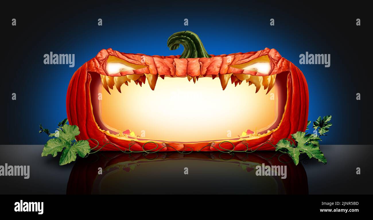 Halloween calabaza halloween como un elemento de diseño en blanco la boca abierta como una naranja espeluznante personaje con jack o lantern dientes como un mensaje publicitario. Foto de stock