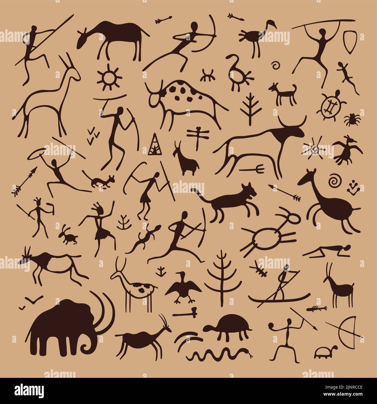 Pintura de roca. Primitivo croquis antiguo caveman, símbolos prehistóricos de plantas animales cazadores y ornamentos en pared de piedra. Petroglifo vectorial Ilustración del Vector