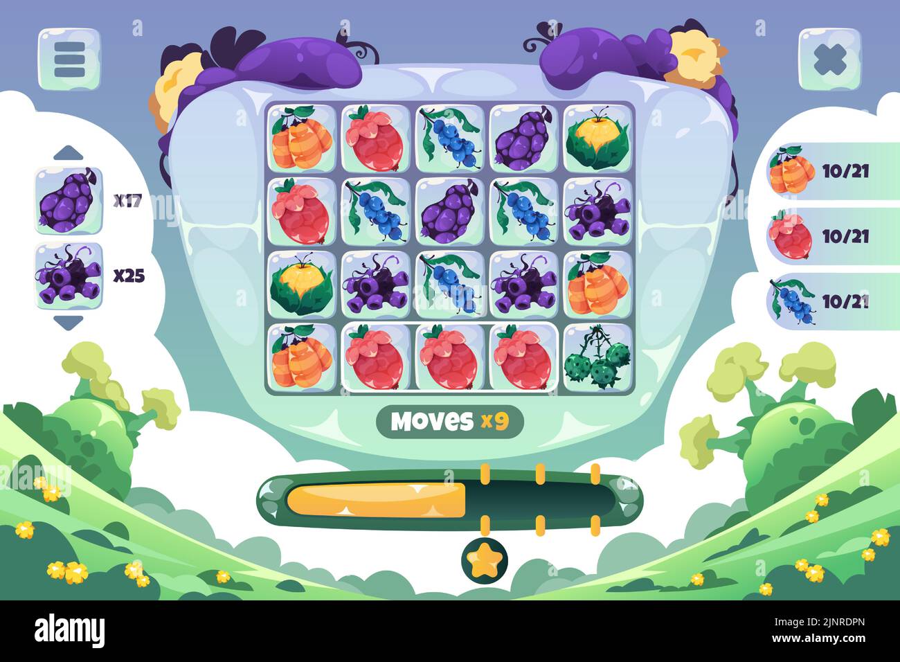 Pantalla de juego Match 3. Juego UI de dibujos animados fantasía frutas rompecabezas juego, 2D maqueta de interfaz con iconos de colores. GUI móvil del granjero del vector Ilustración del Vector