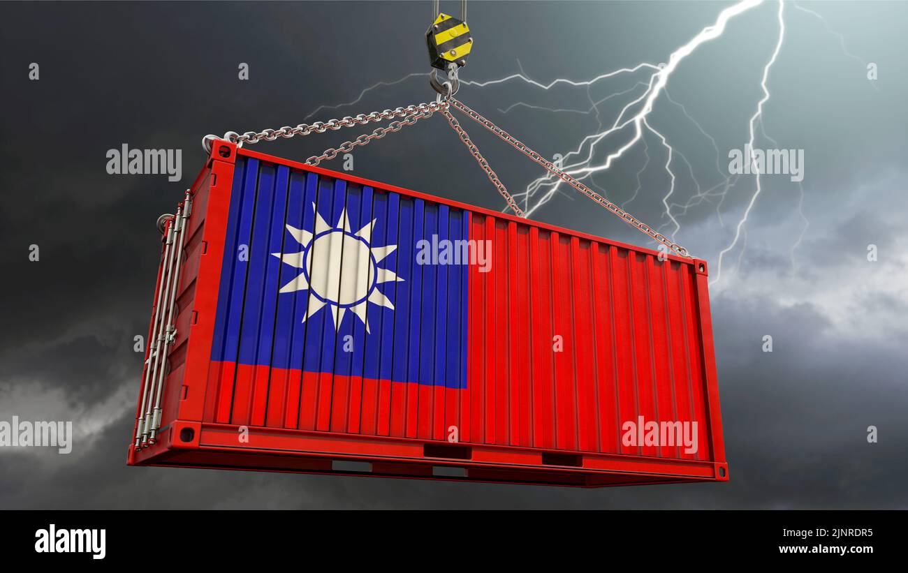 Taiwán economía de exportación - contenedor con la bandera de Taiwán y tormenta en el fondo Foto de stock