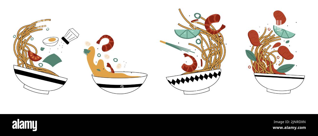 Cuencos de comida asiática. Doodle fideos caída de mariscos rebanadas y salsas en bawls, chino japonés y cocina tradicional coreana. Ilustración vectorial para Ilustración del Vector
