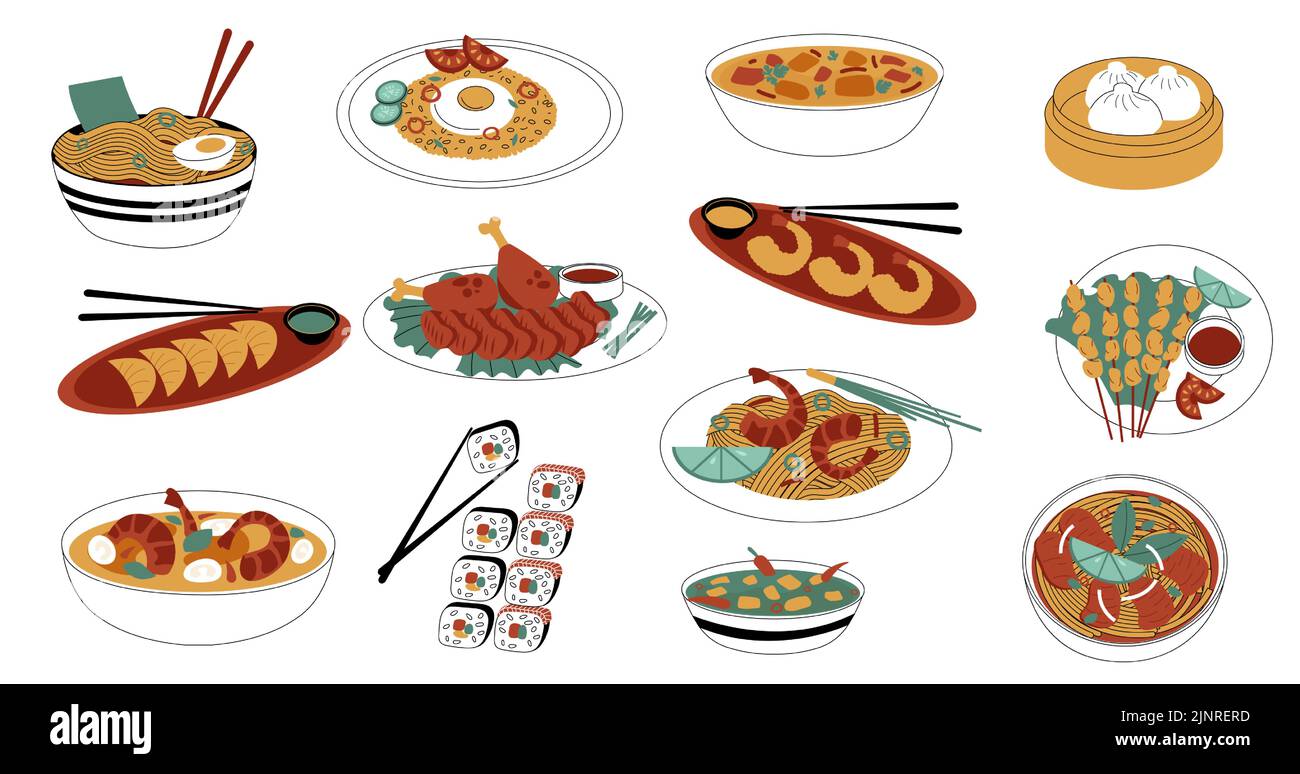 Comida asiática. Cocina nacional china japonesa y coreana, platos con platos picantes, pescado de mar, arroz y salsas. Vector Comida oriental tradicional Ilustración del Vector