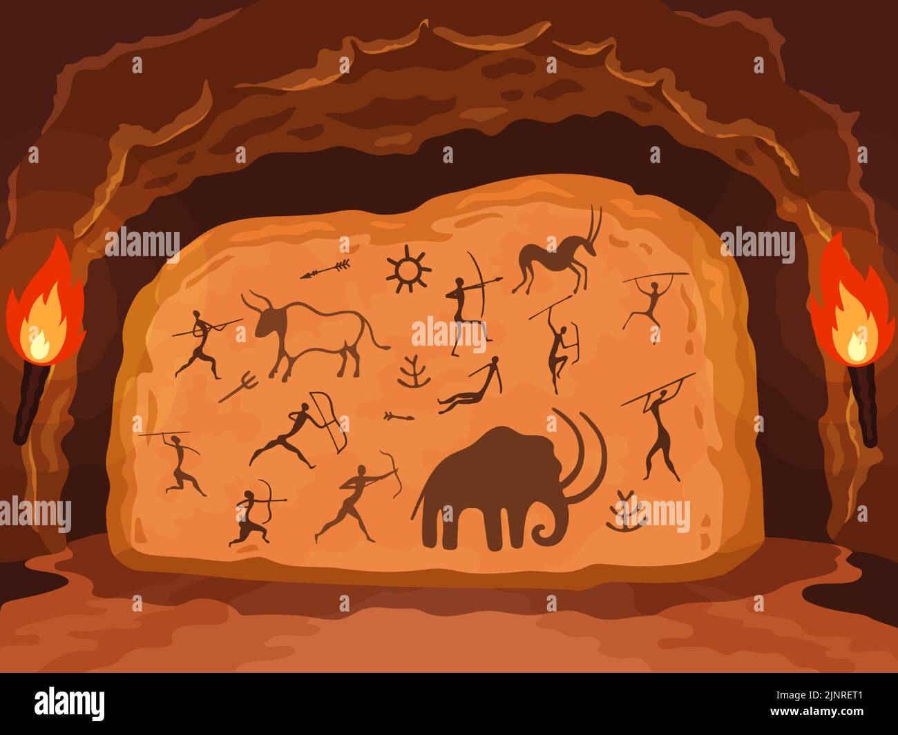 Pintura prehistórica. Dibujo primitivo sobre pared de piedra de cueva, antiguos símbolos de cazadores, animales y elementos ornamentales. Esculturas vectoriales en roca Ilustración del Vector