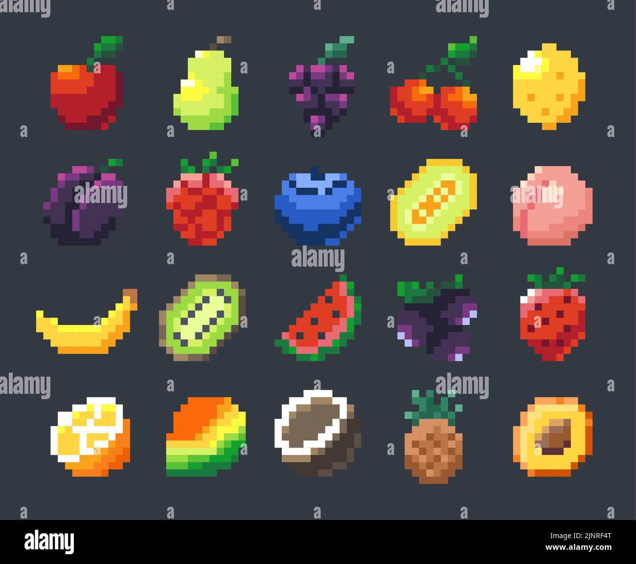Pixel Frutos. Juego de caricatura 2D sprite activo con plátano de manzana mango cítricos piña cereza, colección de 8 bits de signos de fruta para el desarrollo del juego Ilustración del Vector