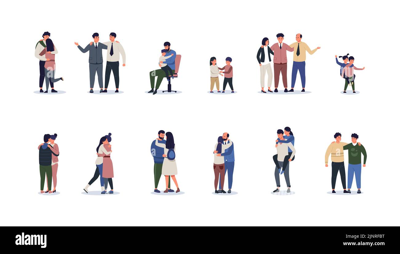 Abrazando a la gente. Amigos de dibujos animados parejas de niños y personas en relación amigable abrazo, diversos casados y románticos compañeros y personajes Ilustración del Vector