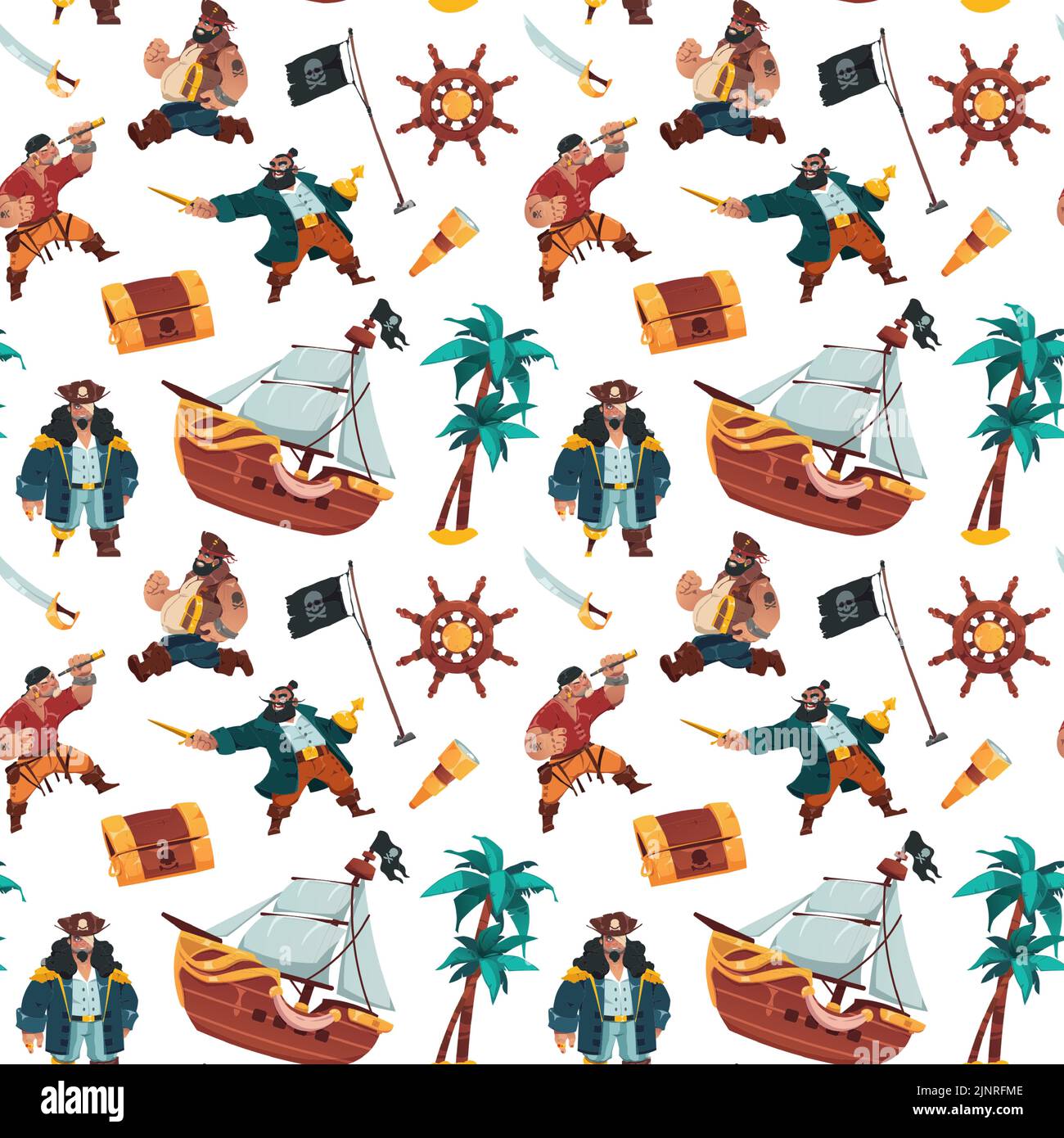 Patrón Pirates. Estampado de dibujos animados de marineros y bandidos disfrazados de piratas con cofre de tesoro de armas y cristalería. Niños con textura vectorial Ilustración del Vector