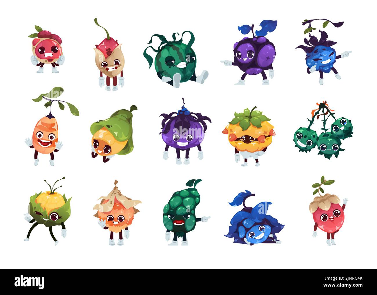 Personajes de Fantasy Fruits. Frutas del bosque de dibujos animados de colores mágicos con caras divertidas, 2D juego de sprite activo de plantas fantásticas. Vectores Iconos emoji aislados Ilustración del Vector