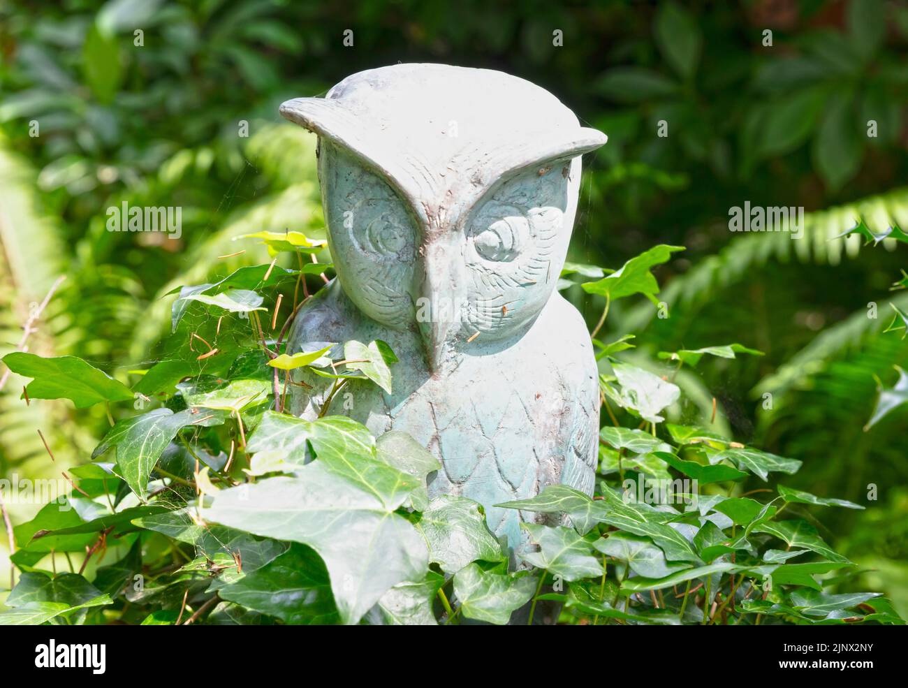 Estatua de búho de pie en la naturaleza verde, enfoque selectivo Foto de stock