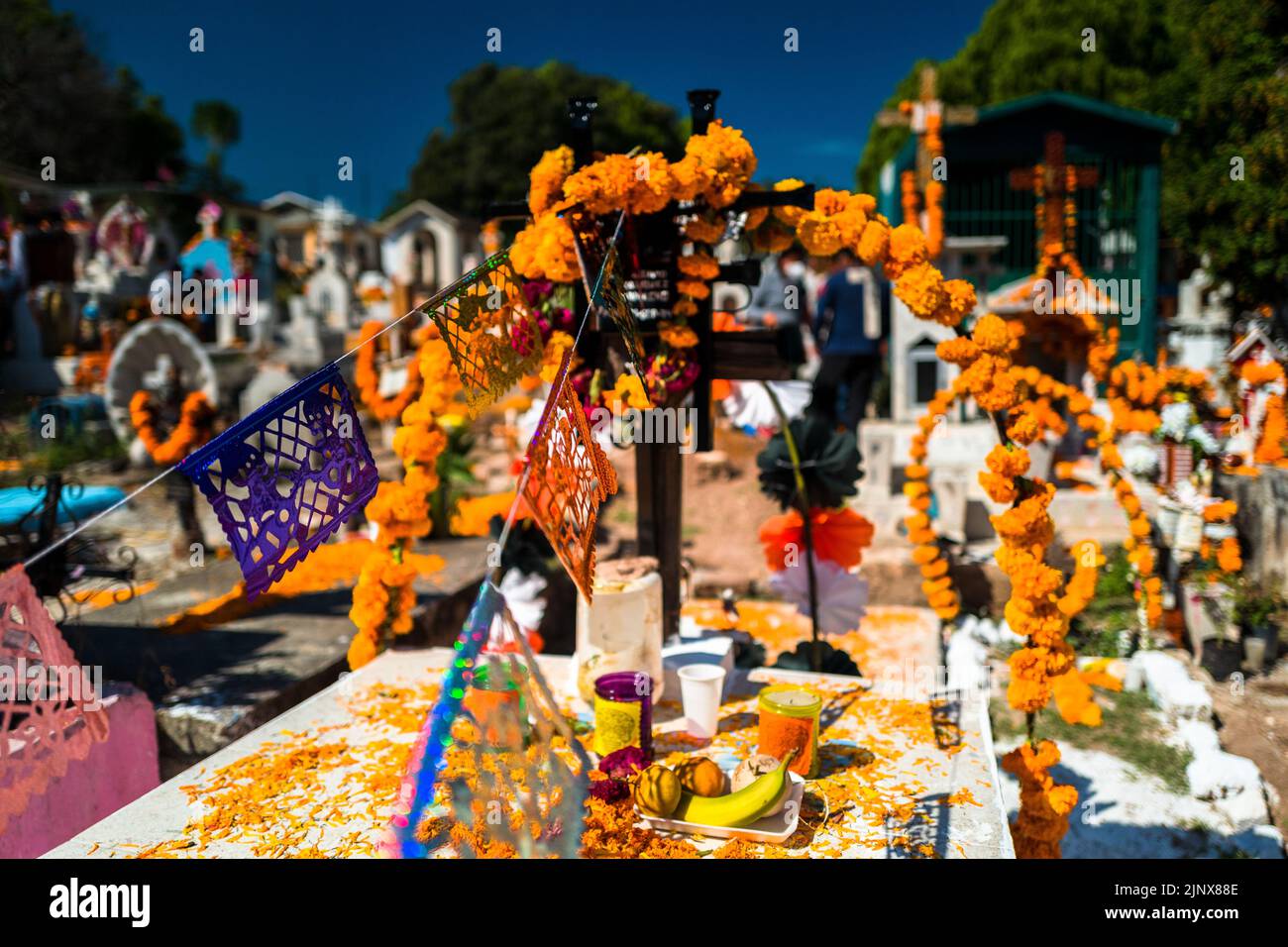 Tumbas, decoradas con flores de caléndula, se ven durante la