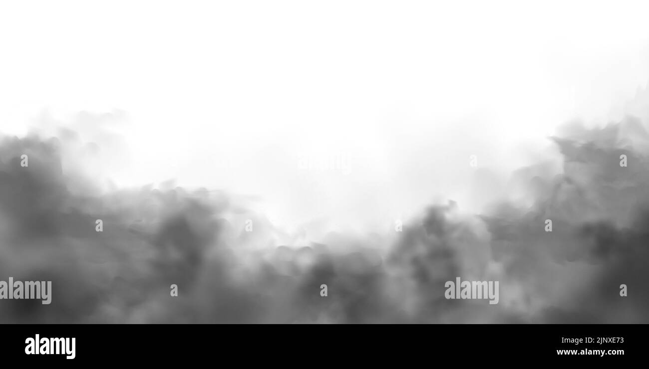 Humo negro realista, nubes de polvo aisladas sobre fondo blanco. Niebla