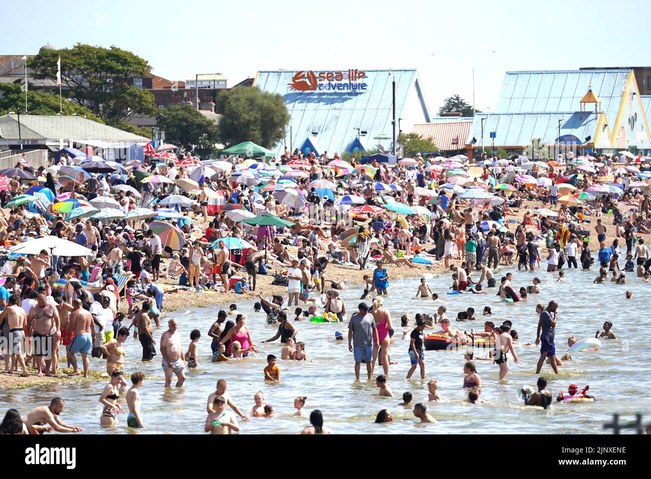 La gente se reúne en el clima caluroso de la playa Southend-on-Sea. Se ha declarado una sequía en algunas partes de Inglaterra después del verano más seco de 50 años. Fecha de la foto: Domingo 14 de agosto de 2022. Foto de stock