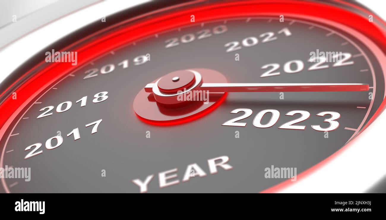 Año nuevo 2023, pantalla de primer plano del velocímetro automático. Conducción rápida, transporte y concepto de velocidad. presentación 3d Foto de stock