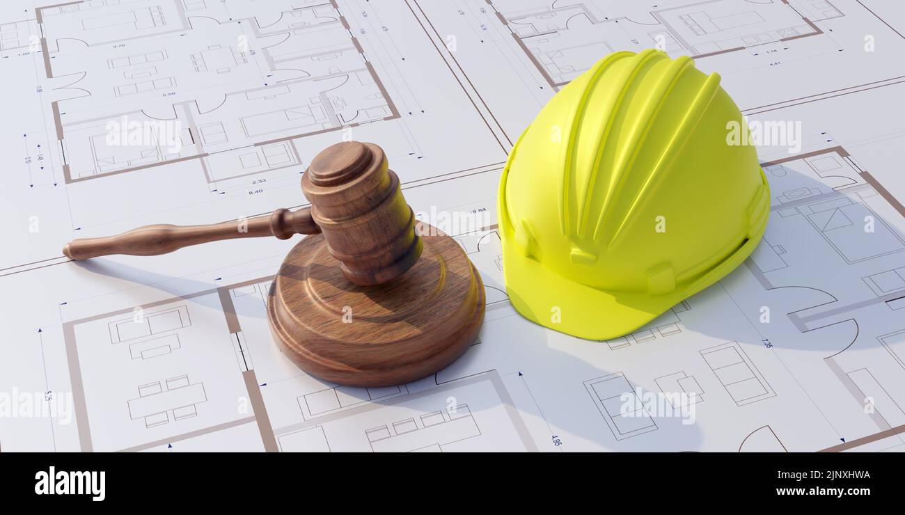 Derecho laboral y de construcción. El casco de seguridad amarillo y el juez Gavel en los planos de construcción. presentación 3d Foto de stock