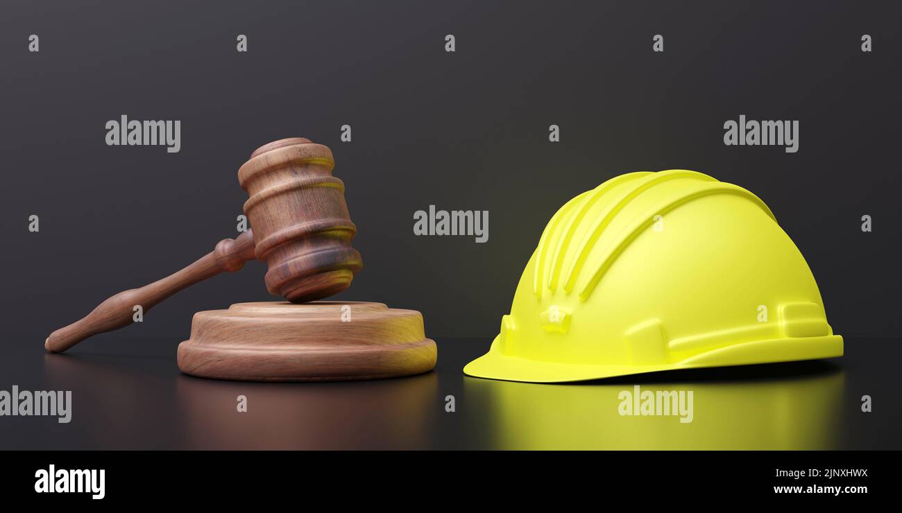 Abogado de Trabajo, Construcción. Casco de seguridad amarillo y guacamayo juez sobre fondo negro, vista de cerca. presentación 3d Foto de stock