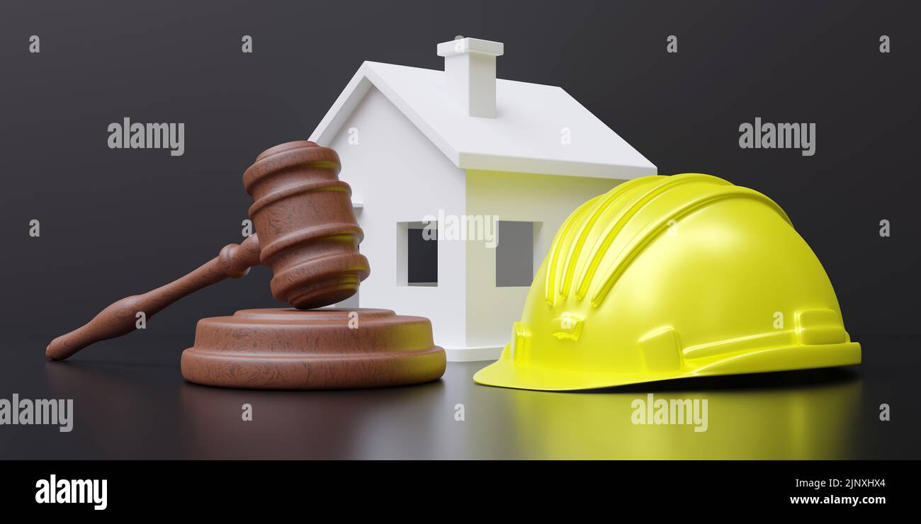 Abogado de Trabajo, Construcción. Casco de seguridad amarillo, modelo de la casa y el martillo juez sobre fondo negro, vista de cerca. presentación 3d Foto de stock