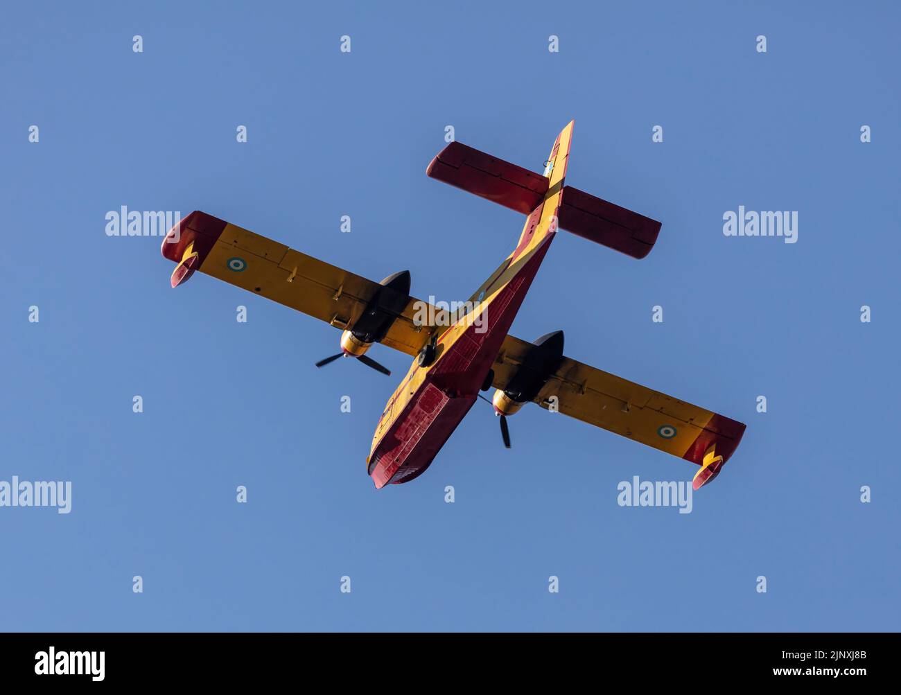 Avión Canadair Firefoight, Scooper volando sobre el fondo del cielo azul, bajo la vista. Vuelo en hidroavión de color amarillo rojo para rescate y transporte. Foto de stock