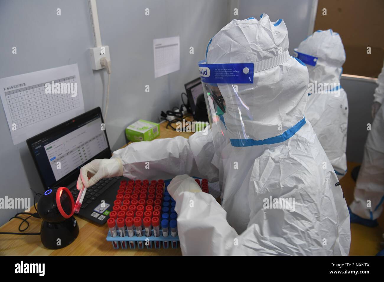 Sanya, provincia china de Hainan. 14th de Ago de 2022. Trabajadores médicos escanean los códigos de muestras de ácido nucleico en un laboratorio de pruebas en Sanya, en la provincia de Hainan, al sur de China, el 14 de agosto de 2022. Sanya ha optimizado los procesos de análisis de ácidos nucleicos en el último resurgimiento de COVID-19. Crédito: Zhao Yingquan/Xinhua/Alamy Live News Foto de stock