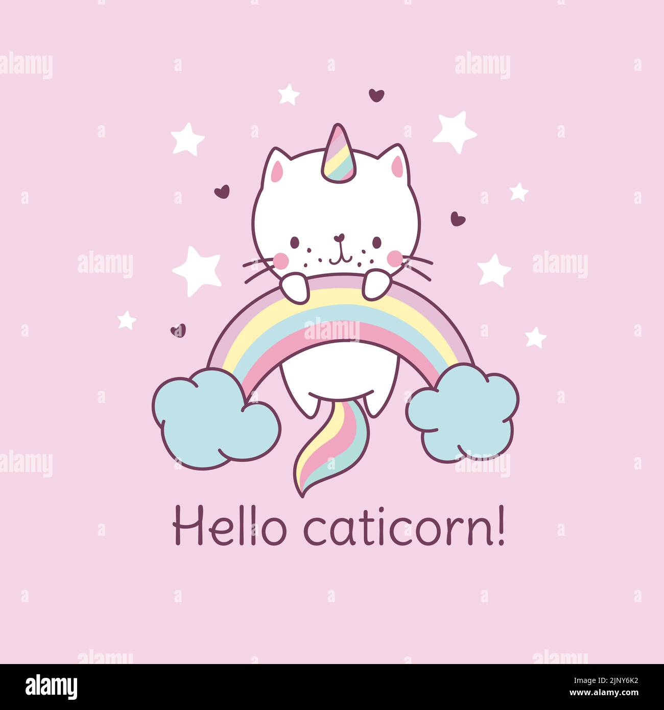 Póster de Caticorn. Gato unicornio sobre arco iris, gato de hadas camiseta estampado kawaii. Lindo personaje mágico divertido, dulce bebé animal nowaday vector de fondo Ilustración del Vector