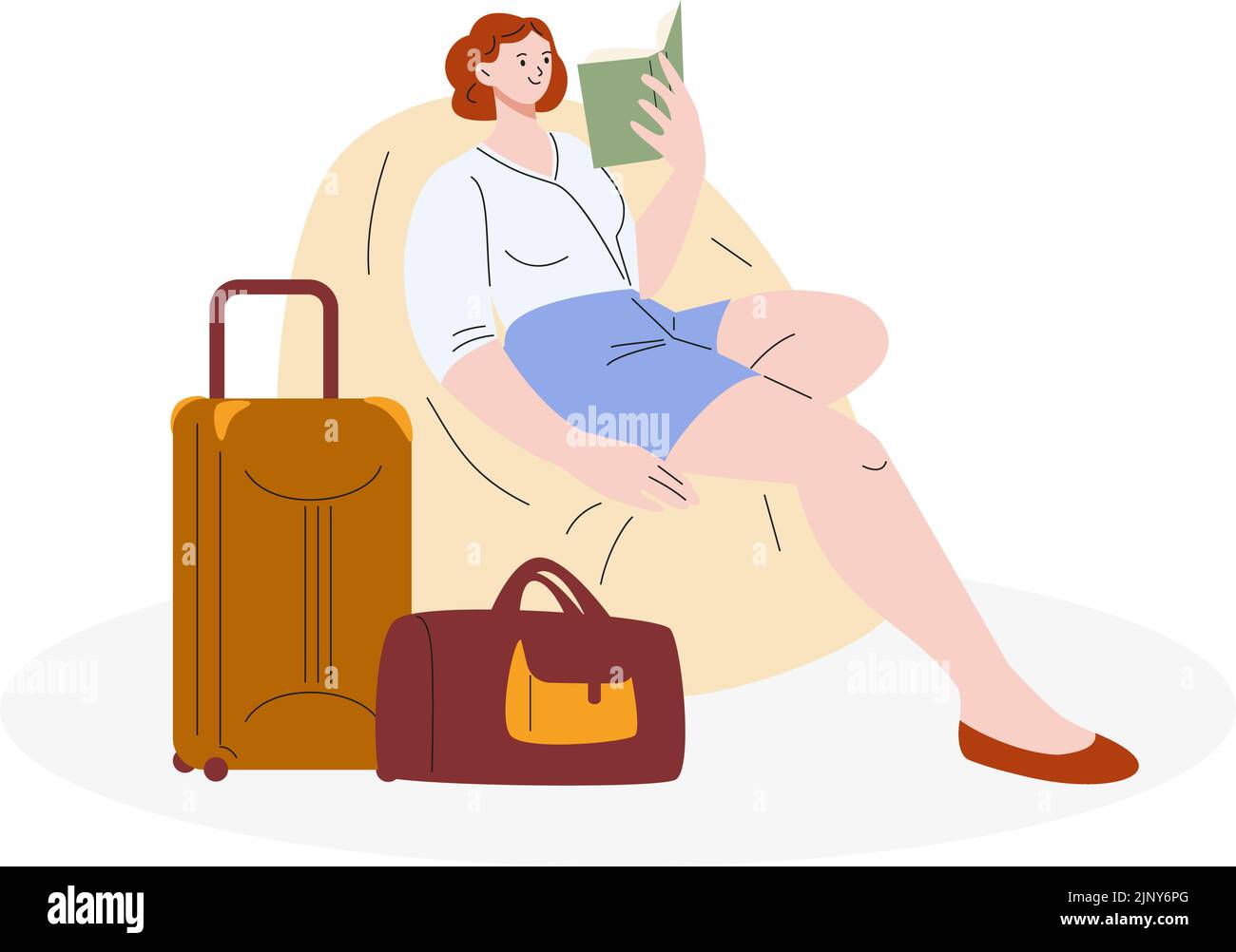 Chica esperando el transporte en el aeropuerto, parada de autobús o estación de tren. Mujer linda sentada en una silla acogedora y leyendo un libro con el equipaje. Vector viajero joven Ilustración del Vector